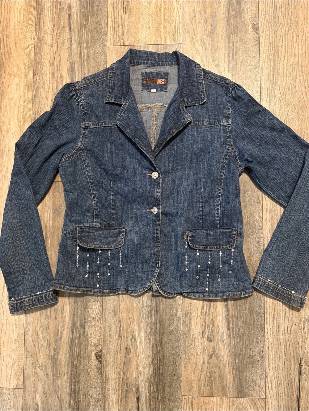 Studio West Dark Blue Denim Jacket with Beaded Pocket Fringe